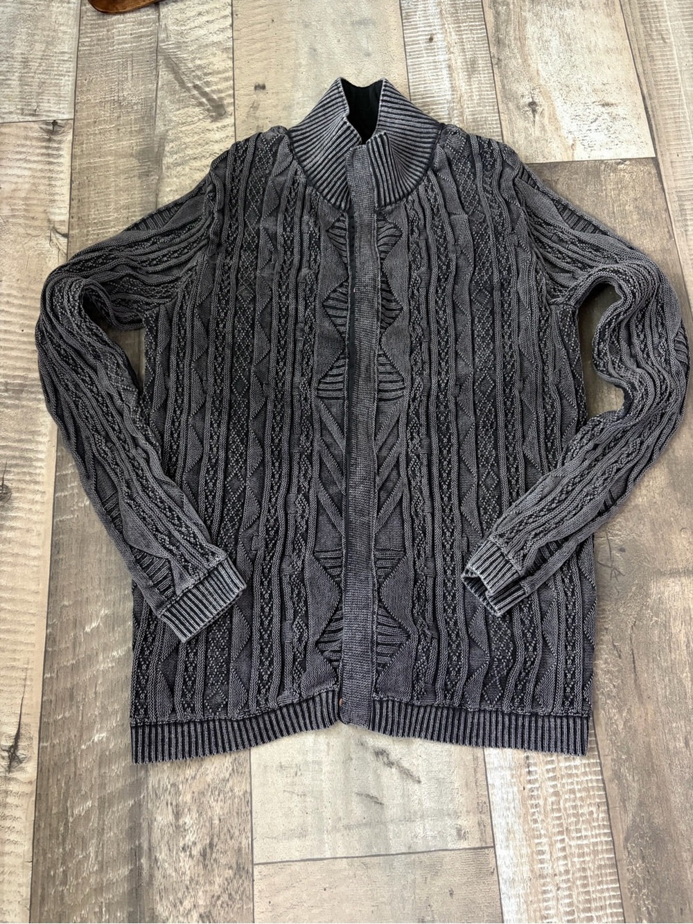 Men's Charcoal Cable-Knit Zip & Button Cardigan Sweater - Picture 2 of 6
